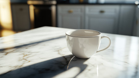 A minimalist white coffee cup rests on a marble countertop in a modern kitchen. The gentle morning sunlight casts soft shadows, creating a serene atmosphere perfect for relaxation.の素材