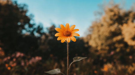 A stunning bright yellow flower stands tall against a clear blue sky, surrounded by a soft, natural landscape, showcasing vibrant beauty in nature.の素材