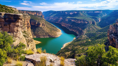 Discover a stunning landscape featuring a winding river surrounded by majestic cliffs and lush greenery, perfect for nature lovers and adventure seekers.の素材