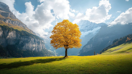 A stunning autumn scene featuring a solitary yellow tree set against majestic mountains and a bright blue sky, evoking a sense of peace and natural beauty.の素材