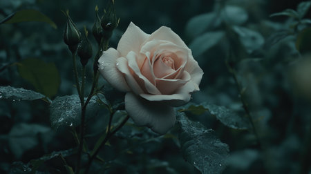 A stunning pink rose stands gracefully amidst lush green foliage, enhanced by soft dewdrops. This tranquil scene captures the beauty and elegance of nature, evoking a sense of peace.の素材