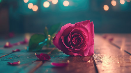 A stunning pink rose lies gracefully on a wooden table, surrounded by scattered petals. The soft bokeh background adds a romantic touch, perfect for love-themed projects.の素材