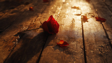 A stunning close-up of a single red rose resting on a wet wooden surface, illuminated by warm sunlight. This serene image captures beauty and tranquility, perfect for romantic themes.の素材