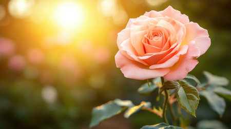 A serene close-up of a delicate pink rose in full bloom, bathed in warm sunlight. This beautiful flower embodies tranquility and natural beauty in a lush garden setting.の素材