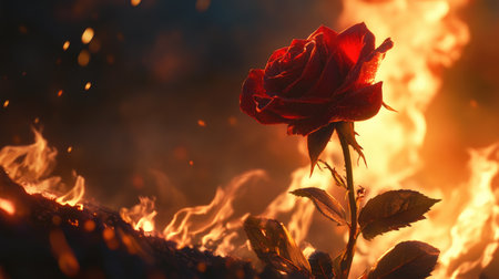 A stunning red rose stands out vividly amidst swirling flames, creating a striking contrast between beauty and intensity. This captivating scene evokes deep emotions.の素材