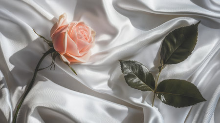 A delicate pink rose lies elegantly on a smooth satin fabric, complemented by vibrant green leaves. This serene composition evokes feelings of beauty and tranquility.の素材