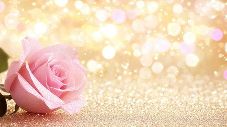 A stunning pink rose rests on a shimmering golden background, enhanced by soft bokeh lights. This beautiful image captures elegance and serenity, perfect for romance or floral-themed projects.の素材