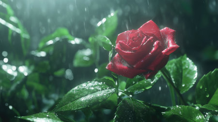 A stunning red rose stands gracefully amidst lush green foliage, adorned with delicate water droplets from a gentle rain, evoking feelings of freshness and romance.の素材