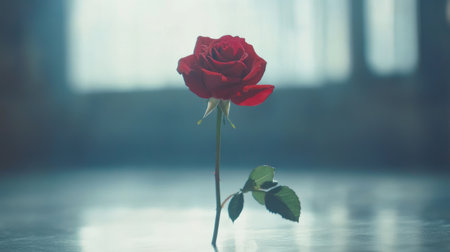 A stunning red rose stands alone on a reflective surface, illuminated by soft light. This image captures the beauty of nature, simplicity, and elegance.の素材