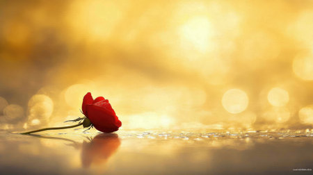 A stunning single red rose rests gracefully on a shimmering golden background, featuring a beautiful bokeh effect, creating a romantic and serene ambiance.の素材