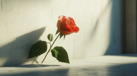 A stunning red rose leans gently against a white wall, bathed in soft light. The delicate petals and green leaves create a serene atmosphere, perfect for evoking feelings of love and beauty.の素材