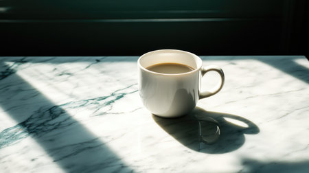 A white cup of coffee rests on a marble table, beautifully illuminated by sunlight. The shadows create a serene atmosphere perfect for morning moments.の素材