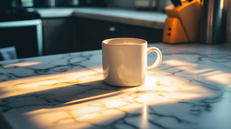 A serene scene featuring a white coffee mug resting on a marble countertop, illuminated by warm sunlight, evoking a cozy morning atmosphere in a modern kitchen.の素材