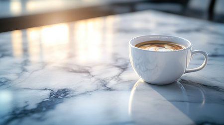A pristine white cup of brewed coffee rests on a stunning marble table. Soft sunlight enhances the serene ambiance, creating a cozy and inviting atmosphere perfect for morning relaxation.の素材