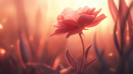 A stunning pink flower stands gracefully against a soft, glowing background. The delicate petals catch the light, creating a serene and tranquil ambiance in nature.の素材