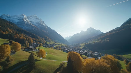 Breathtaking view of a valley surrounded by mountains, featuring vibrant autumn foliage, a quaint village, and a clear blue sky under the warm sunlight.の素材