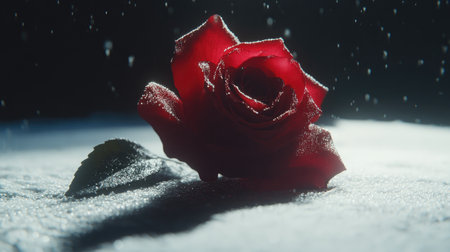 A stunning red rose lies gracefully on a surface, adorned with sparkling water drops. Dramatic lighting creates a moody atmosphere, enhancing the flower's beauty.の素材