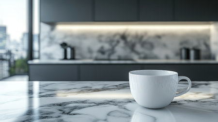 A minimalist kitchen scene showcasing a white coffee cup on a marble countertop, emphasizing elegance and simplicity in contemporary home design. Ideal for lifestyle themes.の素材