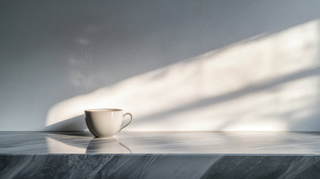 A serene composition featuring a simple coffee cup placed on a marble surface. Soft natural light creates gentle shadows, enhancing the tranquil atmosphere.の素材