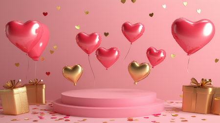 Vibrant and festive setting featuring pink heart balloons, gold accents, and gift boxes, perfect for celebrations of love and joy. Ideal for advertisements or social media.の素材