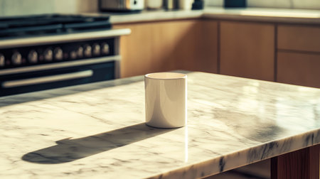 A minimalist white mug sits on a polished marble countertop, casting a soft shadow in a sunlit kitchen, perfectly capturing a moment of tranquility and style.の素材