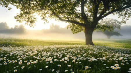 A serene landscape featuring a vibrant meadow filled with daisies at sunrise. Soft mist envelops the scene, enhancing its tranquil beauty and fresh atmosphere.の素材