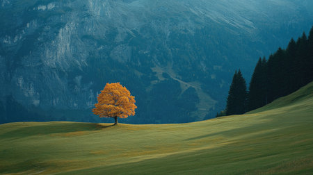 A solitary tree with vibrant orange leaves stands majestically in a serene mountain landscape, showcasing the stunning beauty of autumn's colors.の素材