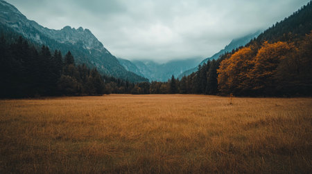 Explore a tranquil mountain landscape featuring golden grass and vibrant autumn trees under a moody sky. Perfect for nature lovers and photographers.の素材