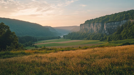 A beautiful morning landscape capturing a serene valley with gentle hills, lush greenery, and soft light illuminating a peaceful scene. Perfect for nature lovers.の素材