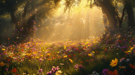 A captivating scene of a sunlit forest filled with colorful flowers, creating a serene atmosphere. Sunlight beams shine through the trees, illuminating the vibrant blossoms and lush greenery.の素材