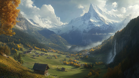 A breathtaking mountain landscape featuring a lush green valley, vibrant autumn foliage, and majestic peaks. This serene setting invites exploration and reflection.の素材