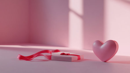 A soft pink background features a small gift box adorned with a red ribbon and a cute heart decoration, creating a romantic and festive scene.の素材
