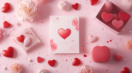 A lovely flat lay arrangement featuring hearts and floral elements in shades of pink and red, perfect for romantic celebrations and special occasions.の素材