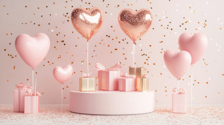 A charming display of pink heart balloons and beautifully wrapped gifts creates a romantic atmosphere. Perfect for celebrations and special occasions.の素材