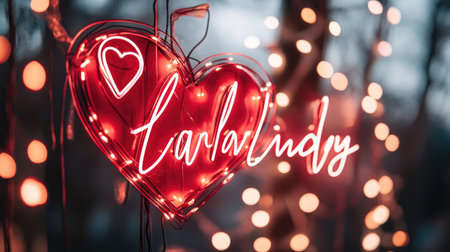 A vibrant neon heart sign radiates warmth and love, surrounded by soft evening lights, perfect for romantic settings or festive occasions.の素材