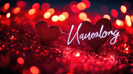 A captivating image featuring sparkling hearts and neon text against a vibrant red backdrop. Perfect for conveying themes of love and romance.の素材