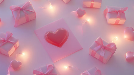 A delightful arrangement featuring a glossy heart surrounded by charming gift boxes, soft fairy lights, and a pink theme, perfect for romantic occasions.の素材
