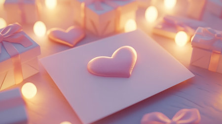 A charming heart decoration rests on a card amidst beautifully wrapped gifts and soft glowing lights, creating a warm and romantic atmosphere perfect for celebrations.の素材