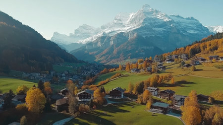 Breathtaking aerial view capturing the stunning Swiss Alps, vibrant autumn colors, and charming village nestled in nature's serene landscape.の素材