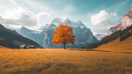 A stunning autumn tree stands alone in a vast meadow, framed by majestic mountains. The vivid orange leaves contrast beautifully against the serene sky.の素材
