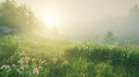 A breathtaking morning landscape showcasing vibrant flowers enveloped in soft mist. The gentle sunlight filters through, creating a serene and tranquil atmosphere in nature.の素材