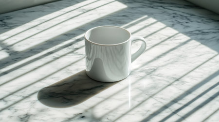 A minimalistic white mug placed on a marble surface, casting soft shadows in the morning light. This serene scene evokes tranquility and elegance, perfect for modern decor.の素材