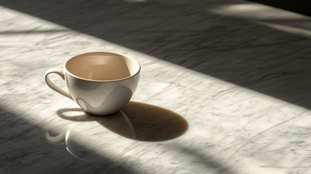 A serene coffee cup rests on a marble surface, illuminated by soft natural light, creating beautiful shadows and a tranquil atmosphere for inspiration.の素材