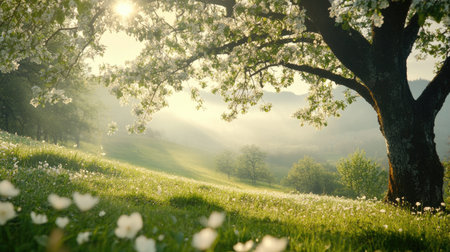 A picturesque spring morning featuring a blooming tree in a tranquil landscape, where soft sunlight filters through flowers and grasses, creating a peaceful atmosphere.の素材