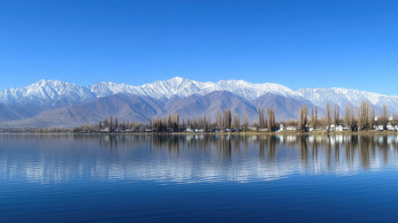 A stunning winter landscape featuring snow-capped mountains reflected in a tranquil lake under a clear blue sky, surrounded by tall trees.の素材
