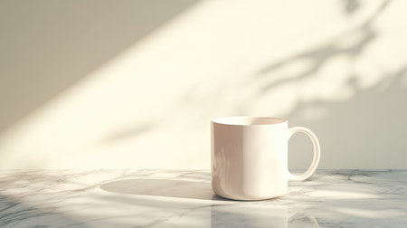 A minimalist white coffee mug sits elegantly on a marble surface, casting soft shadows. The serene composition highlights simplicity and tranquility in design.の素材