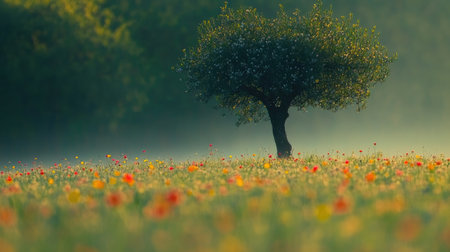 A tranquil view of a solitary tree surrounded by a vibrant field of blooming flowers at sunrise, creating a calming, picturesque scene.の素材