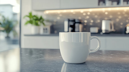 A sleek white coffee cup rests on a stylish kitchen counter, illuminated by soft light. This modern and minimalist scene evokes comfort and tranquility, perfect for showcasing lifestyle themes.の素材
