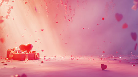 A romantic scene featuring gifts adorned with hearts, surrounded by delicate floating petals. Perfect for love-themed events and celebrations.の素材