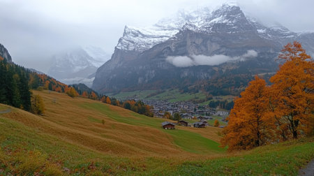This stunning autumn landscape features majestic mountains and vibrant foliage, creating a serene scene of nature's beauty in a rural setting.の素材